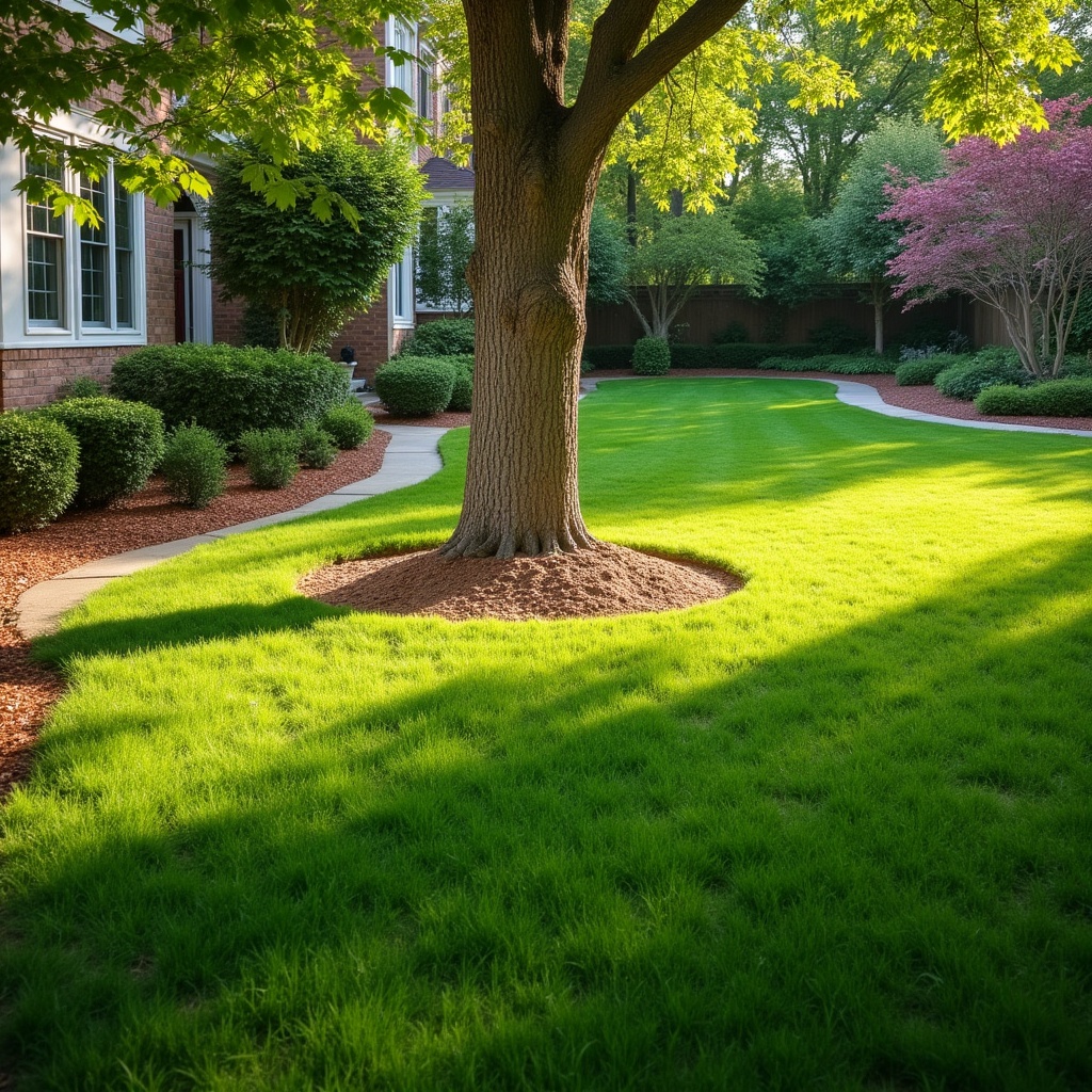 Lush green lawn with a mature tree, well-maintained landscaping, and a curved pathway, showcasing safe and attractive tree care, relevant to Orlando Tree Removals' commitment to quality and safety in tree services.